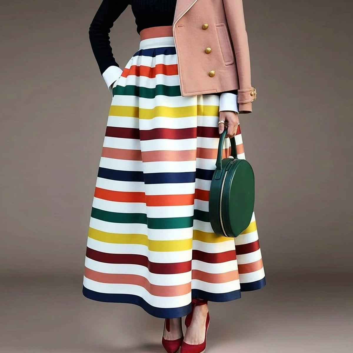 Women's Striped Maxi Skirt – Loose A-Line, Contrast Colour