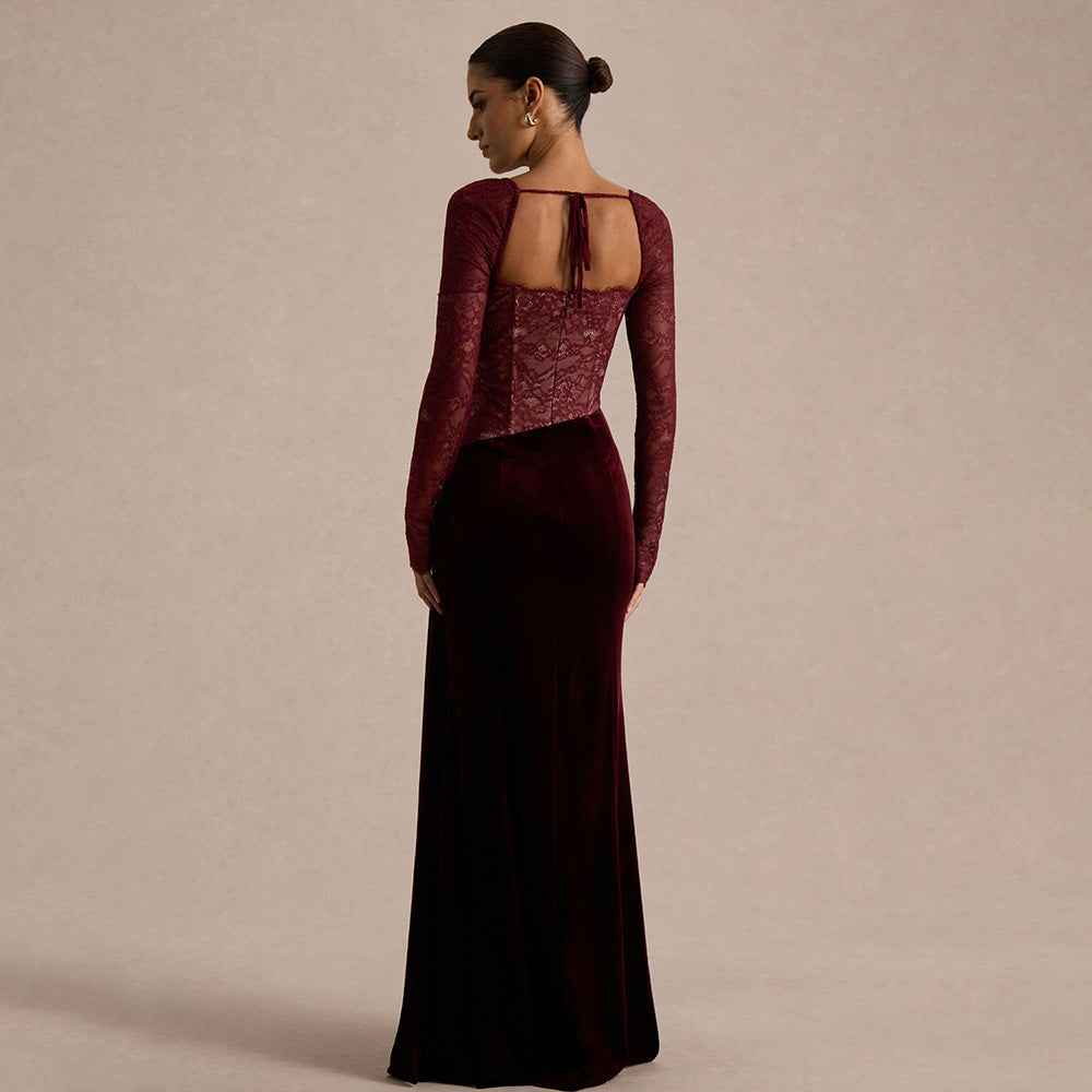 Long-Sleeve Patchwork Lace Demure Dress