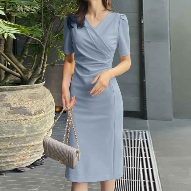 High-Waist V-Neck Pleated Bodycon Midi Pencil Dress