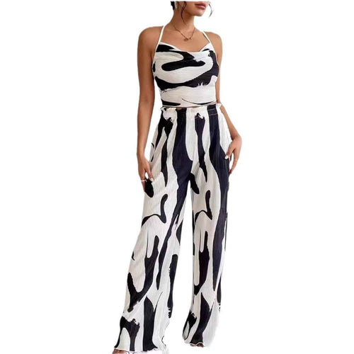 Check Print Halterneck Top & Wide-Leg Pants Set