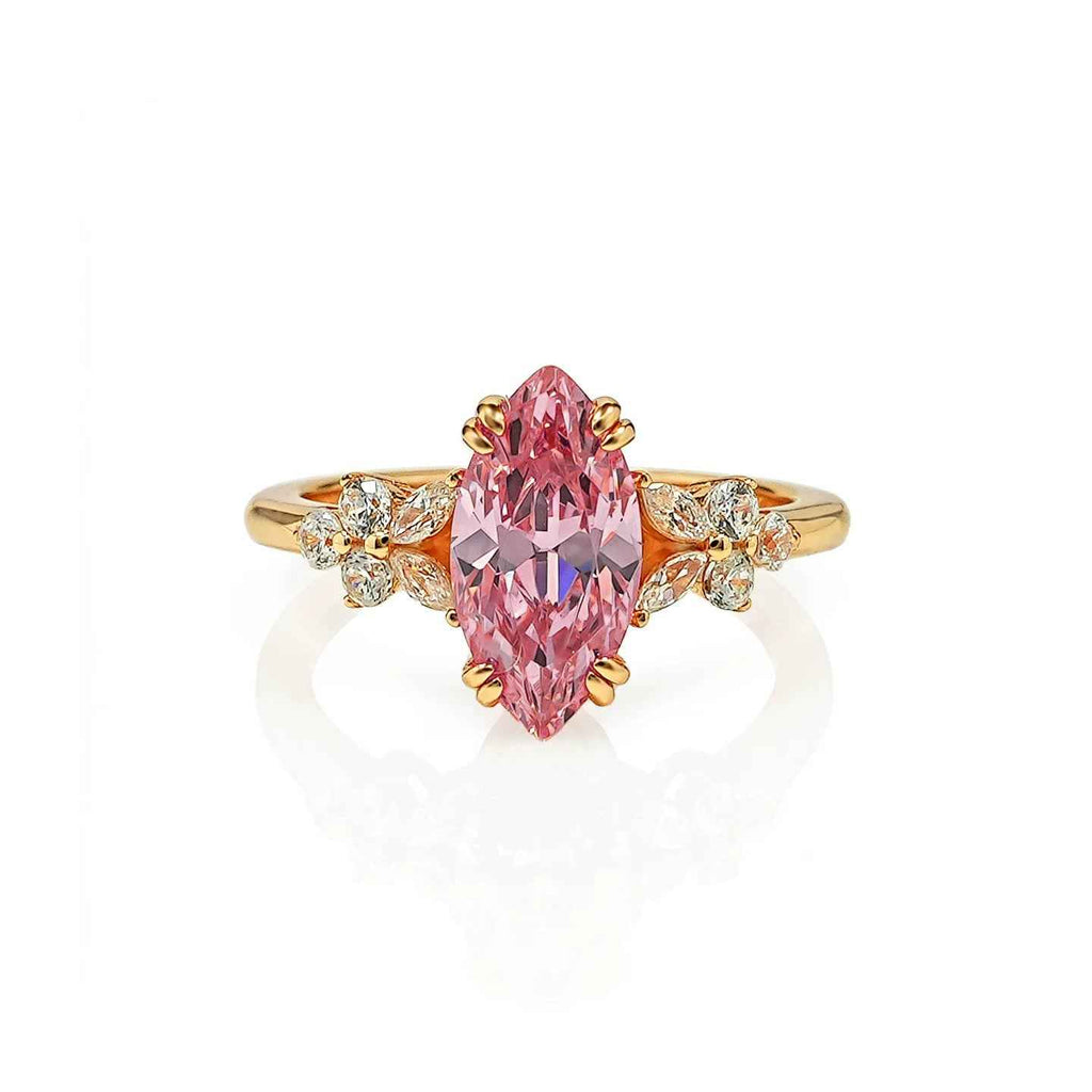 Elegant Padparadscha Sakura Hue Marquise Ring, Ice Flower Cut High Carbon CZ Open Adjustable Wedding Band For Ladies