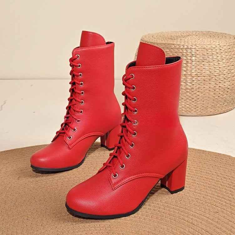 Womens Fashionable Block-heeled Lace-up Boots In Large Sizes