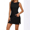 Sleeveless Solid-Colour Slit Dress with Pockets — Casual Mid-Waist
