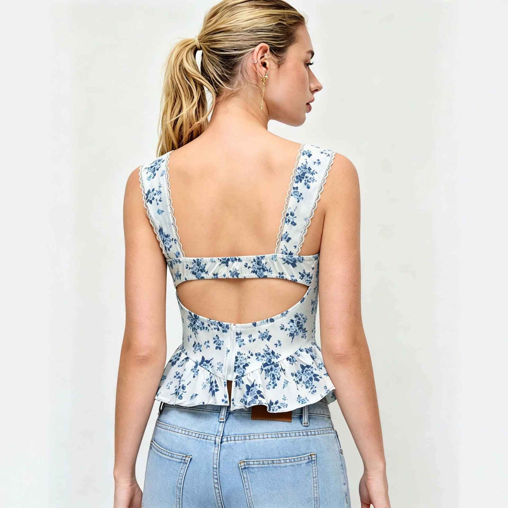 Summer New White-base Top With Blue Floral Print Strapless Style