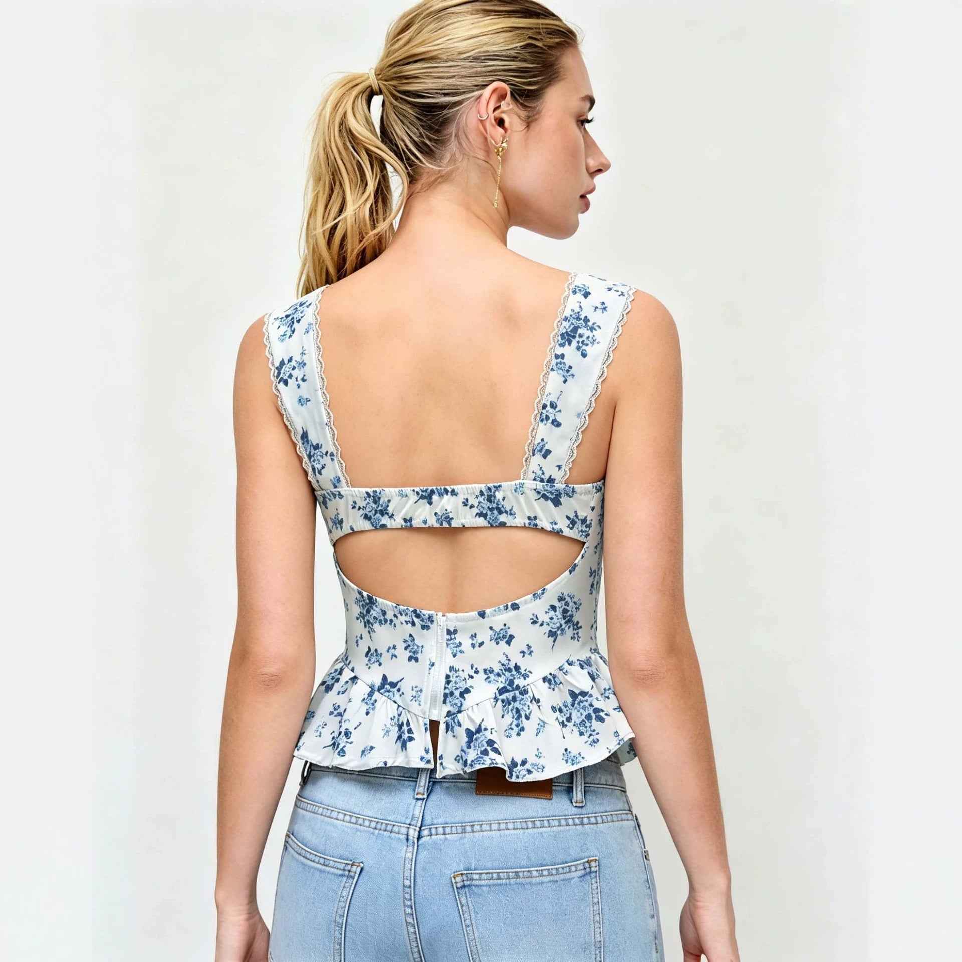 Summer New White-base Top With Blue Floral Print Strapless Style