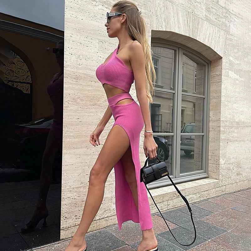 Women's Ribbed Sleeveless Top & Slit Midi Skirt Set