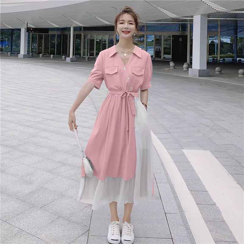 Fake Two-piece Short-sleeve V-neck Midi Dress