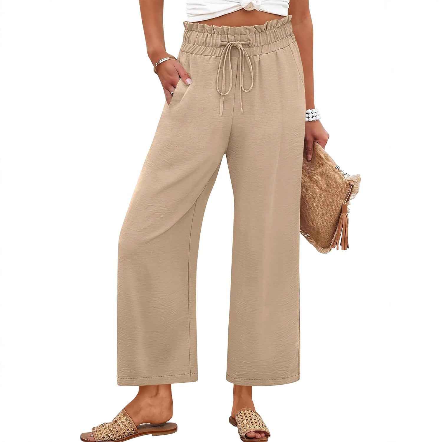 Lace-Trim Drawstring Cropped Wide-Leg Pants