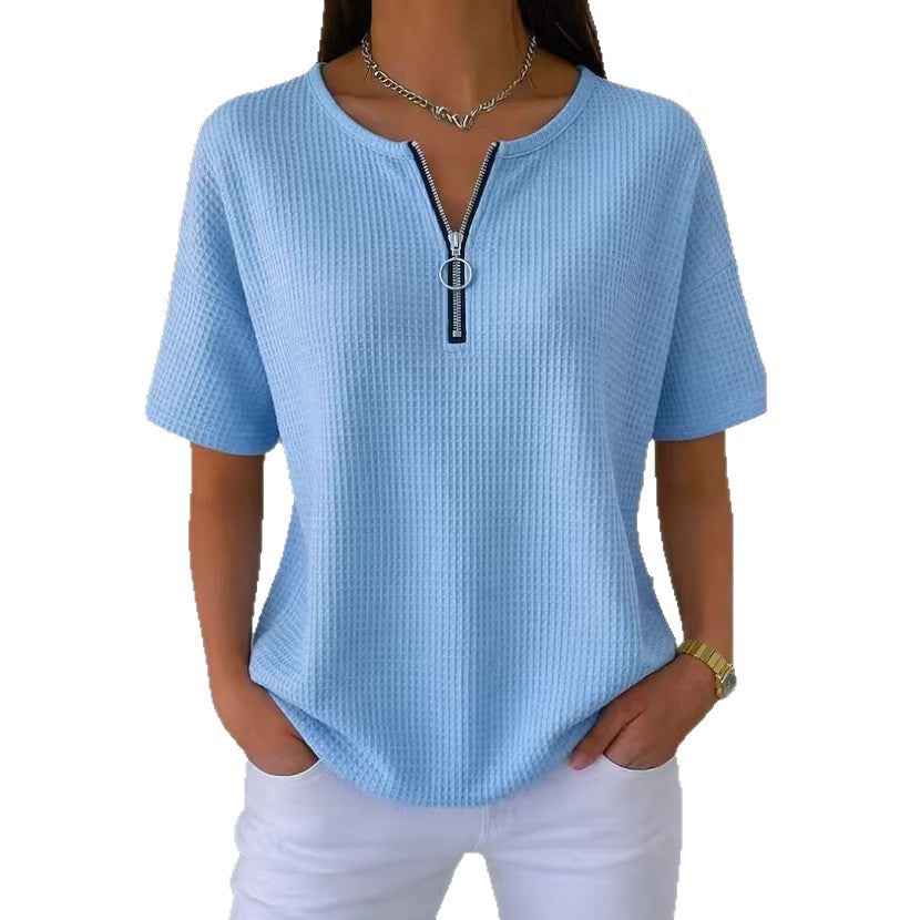 Women's Half-Zip Waffle-Knit Top – Short Sleeve, Regular Fit