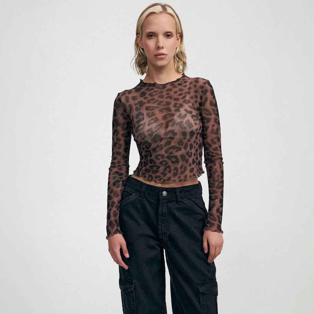 Leopard Print Mesh Long-Sleeve Top – Slim Fit Street Style