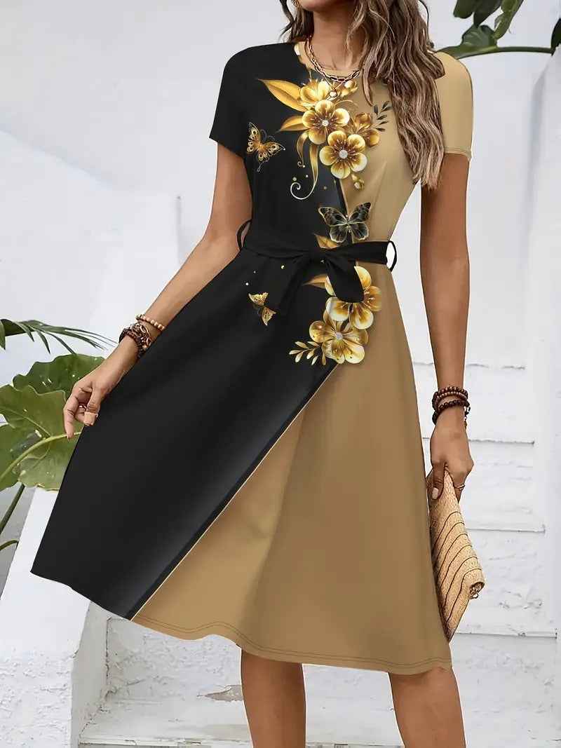 2026 New Women's Casual Printed Dress With Belt, Loose Fit