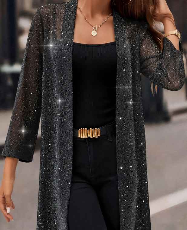 Elegant Semi-sheer Long Cardigan With Shimmering Mesh Detailing For Women