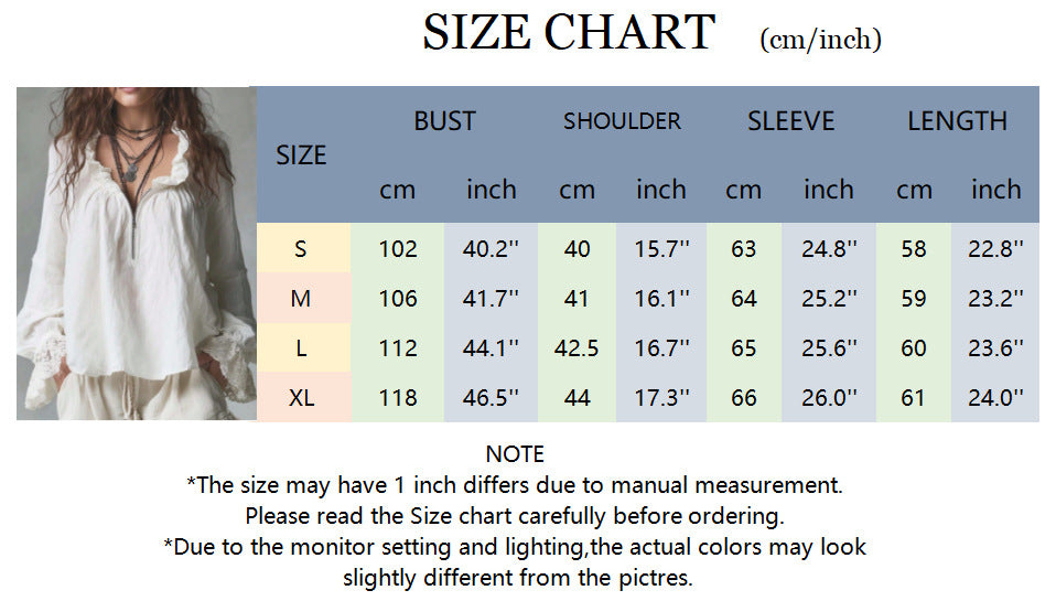 Women's White Relaxed Long-Sleeve Blouse - size chart S to XL