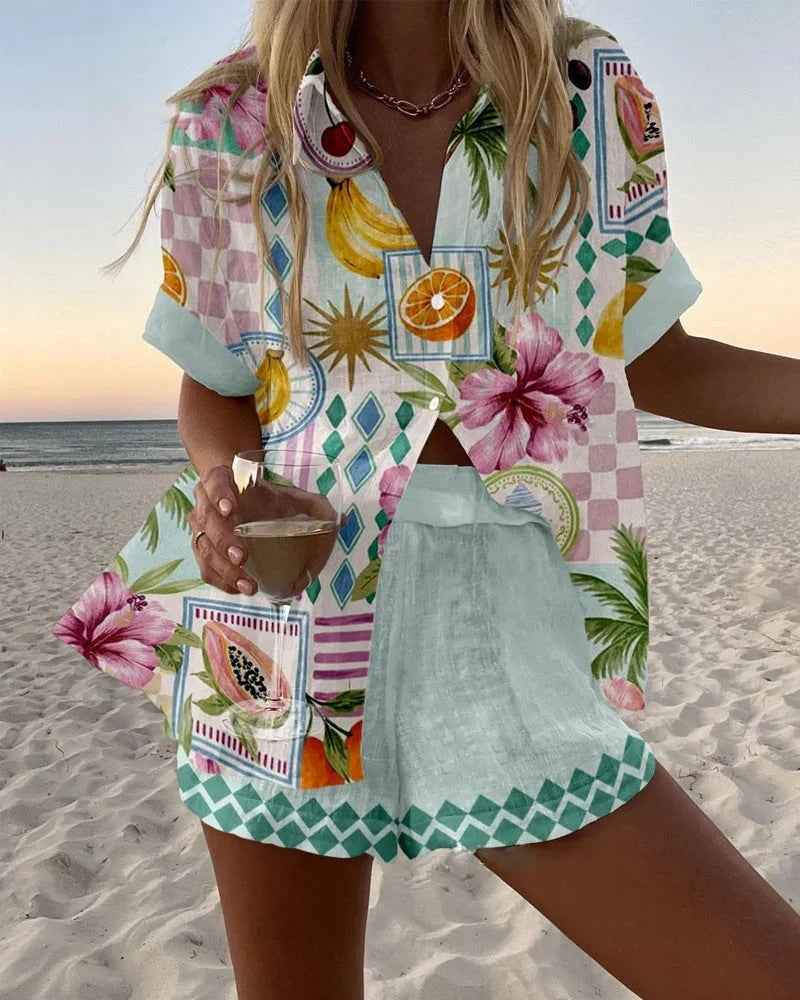 Women's Fashion Printed Casual Vacation Style Cardigan Shorts Suit