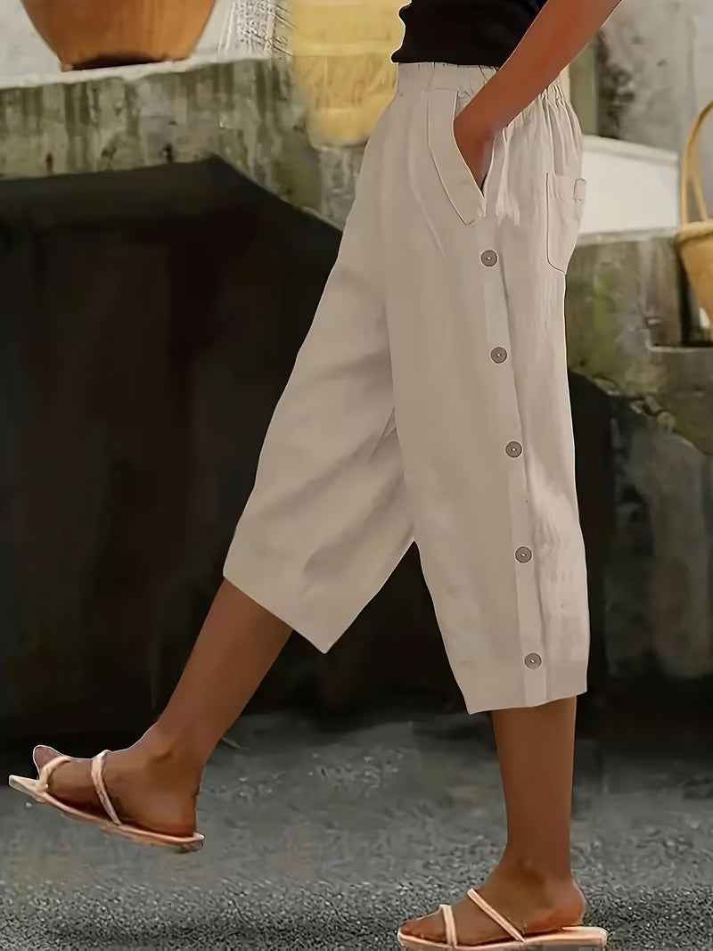 Women's High-Waist Solid Colour Cropped Trousers with Pockets