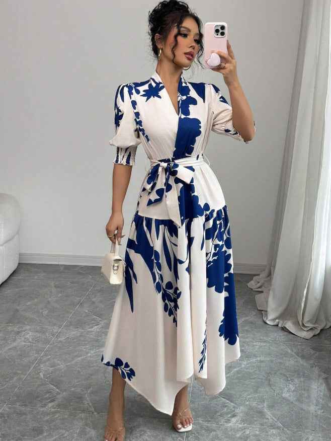 Floral Print V-Neck A-Line Midi Dress — Blue & White, S–XL