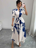 Floral Print V-Neck A-Line Midi Dress — Blue & White, S–XL