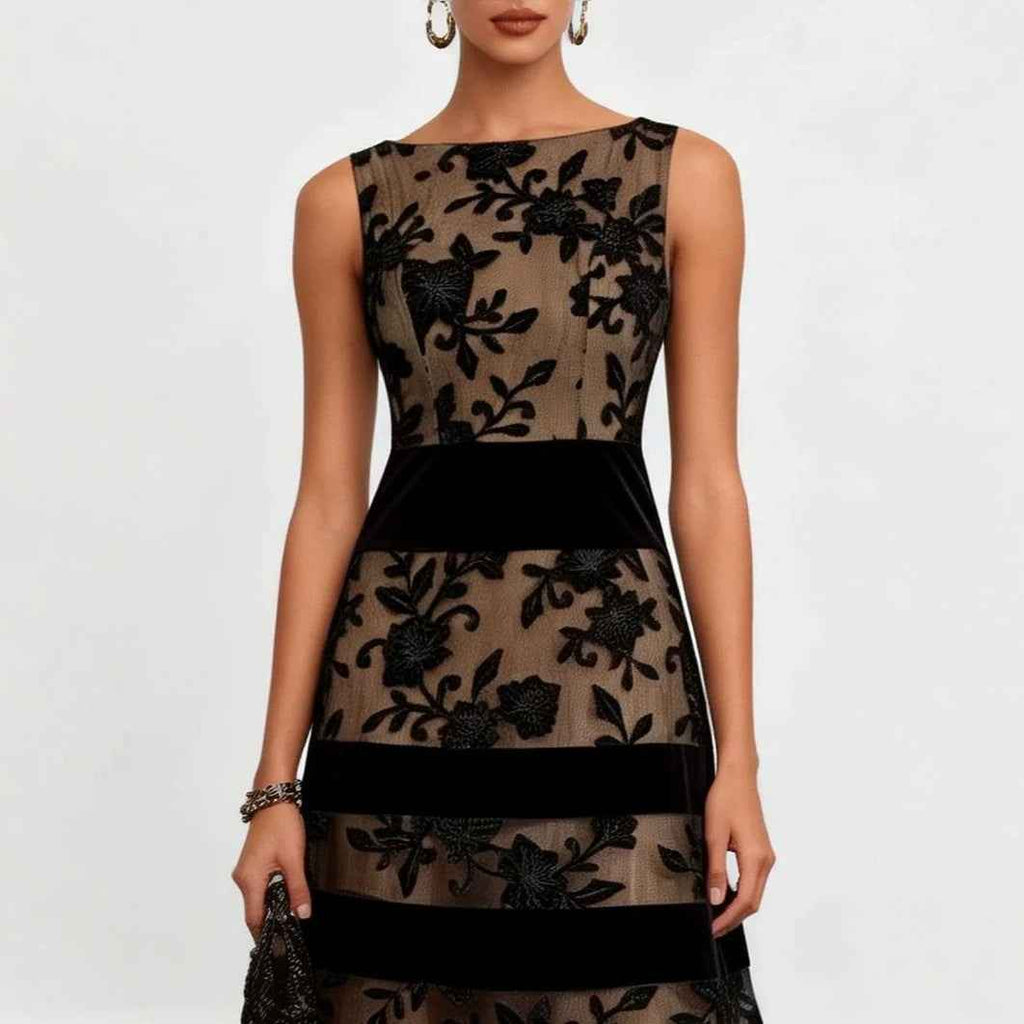 Mesh Flock-Print Jacquard Patchwork Midi Dress — Sleeveless Slim-Fit