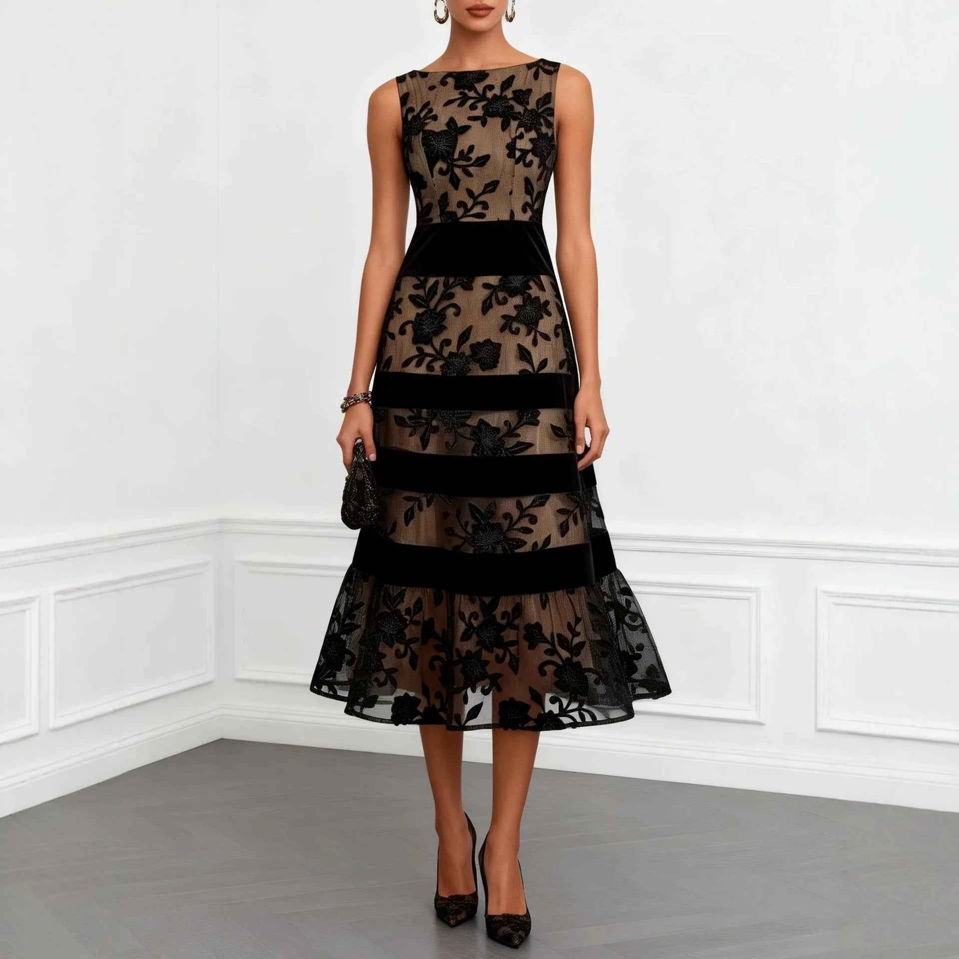 Mesh Flock-Print Jacquard Patchwork Midi Dress — Sleeveless Slim-Fit