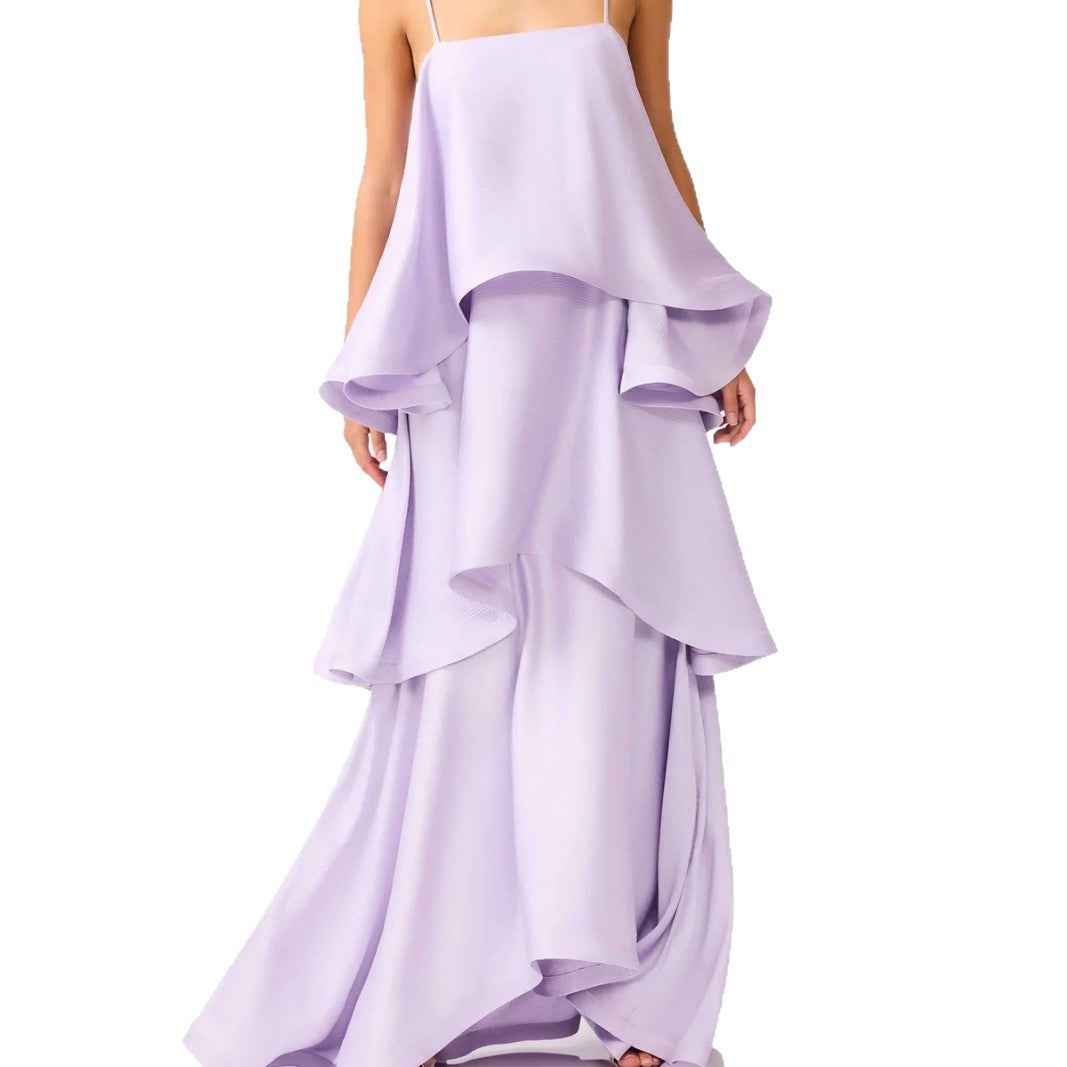Satin Ruffle-Hem Slip Maxi Dress