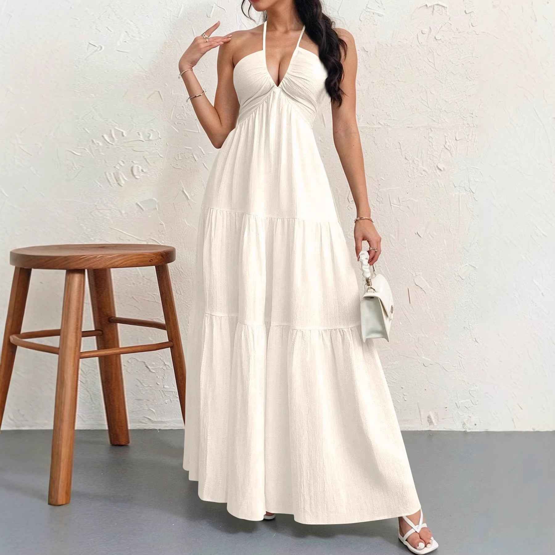 High-Waist V-Neck Patchwork Flared Hem Maxi Dress