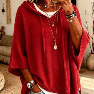 Womens Knitted New-Style Hooded Drawstring Sweater