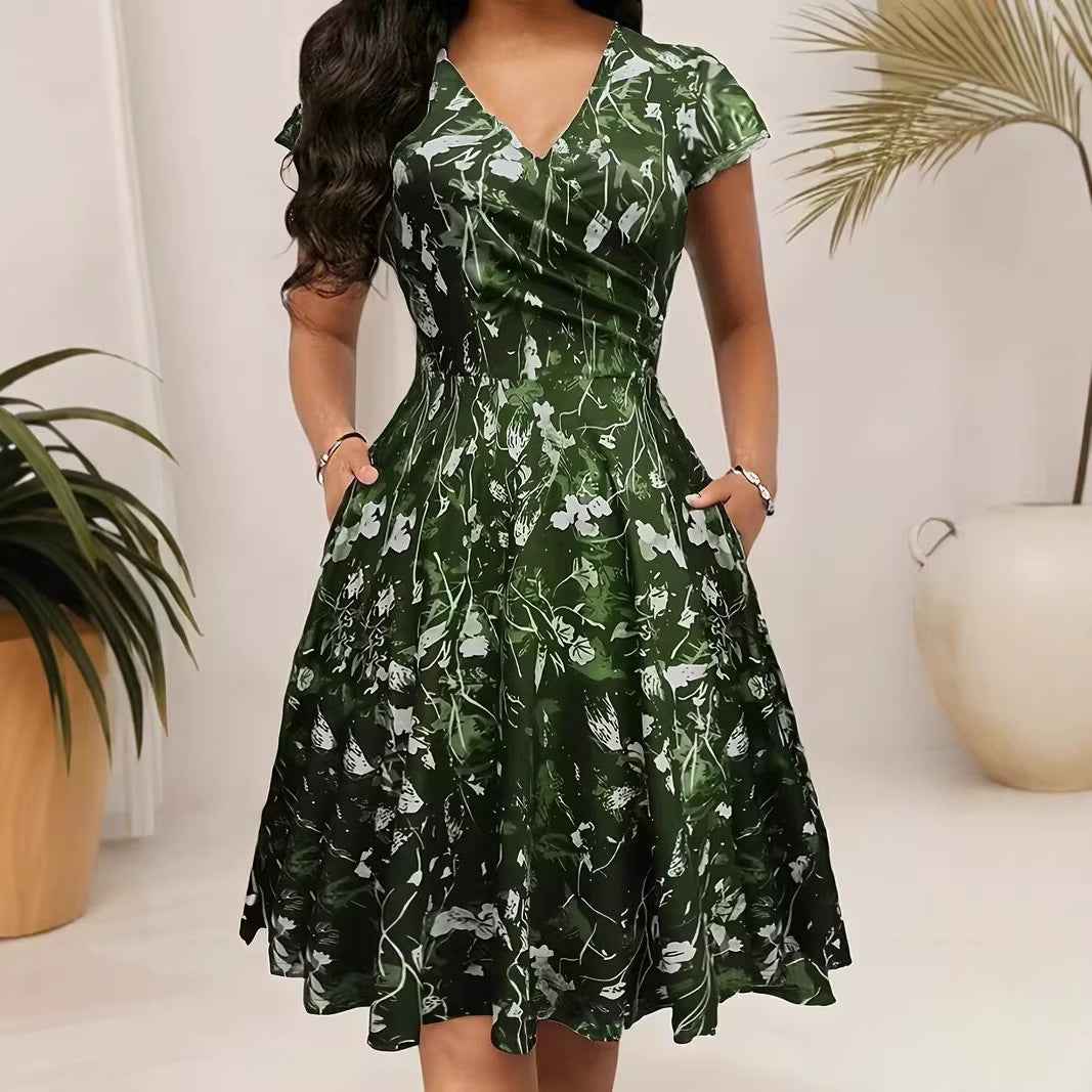 Floral Print V-Neck A-Line Midi Dress – Plus Size