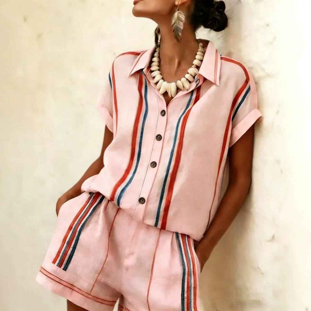 Women's Striped Short-Sleeve Shirt & Shorts Set — 4 Colours, S–XXL