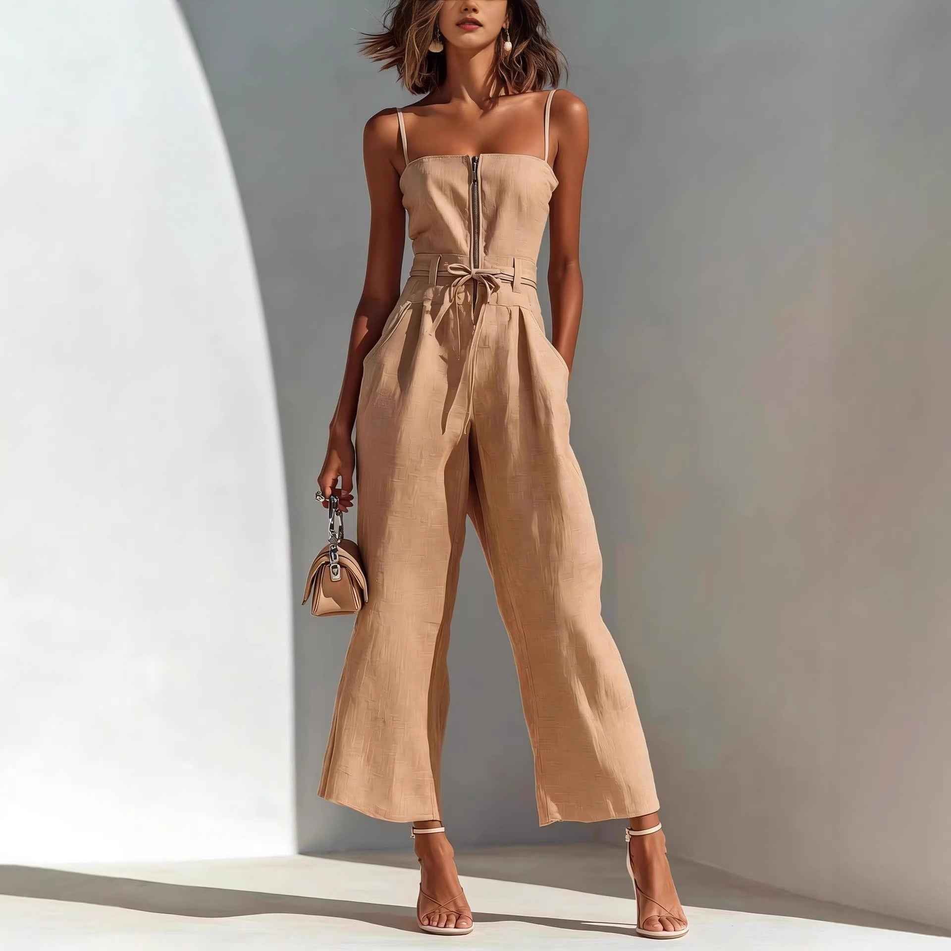 Strapless Lace-Up High-Waist Wide-Leg Linen Jumpsuit