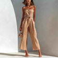 Strapless Lace-Up High-Waist Wide-Leg Linen Jumpsuit