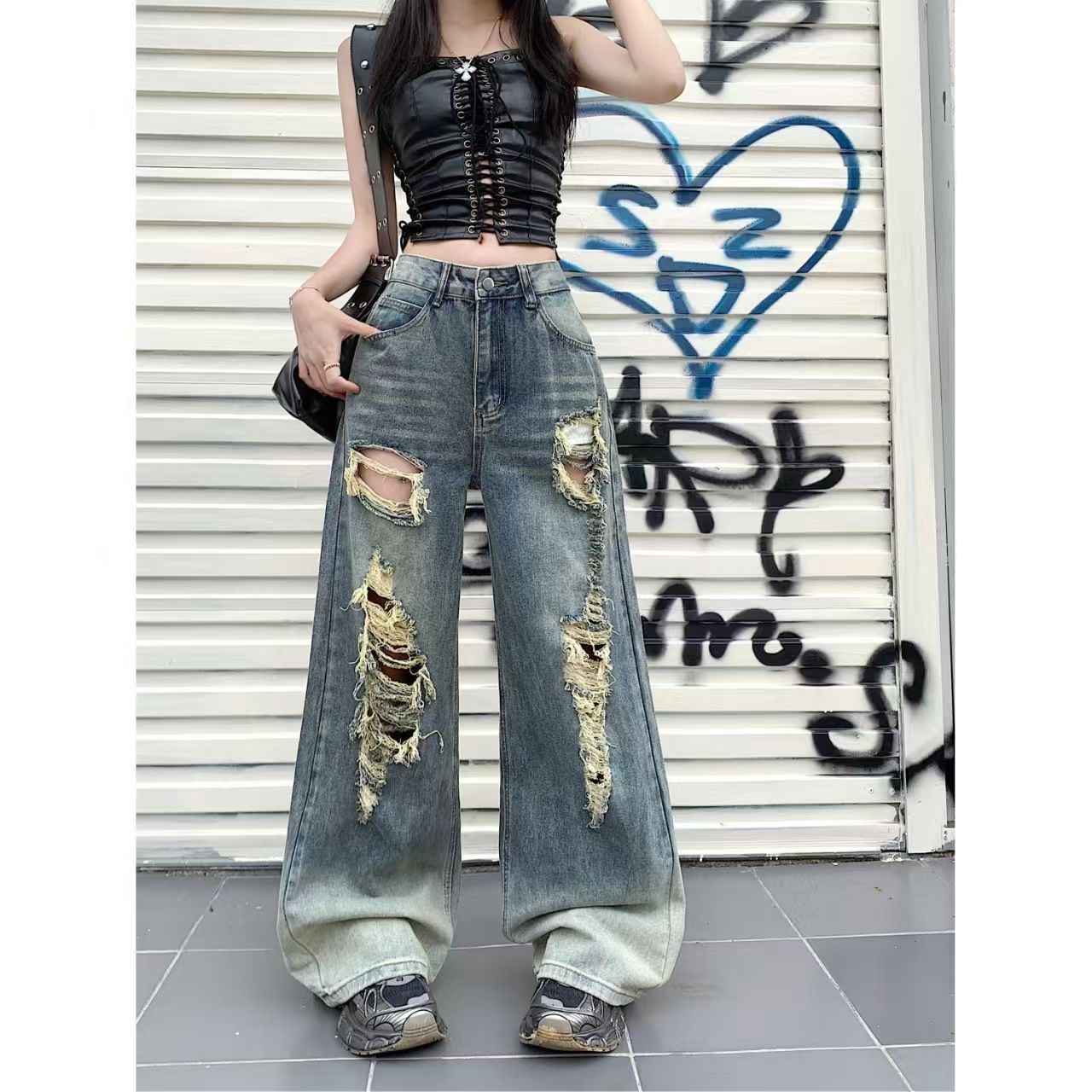 Women's High-Waisted Ripped Straight-Leg Jeans – Vintage Blue