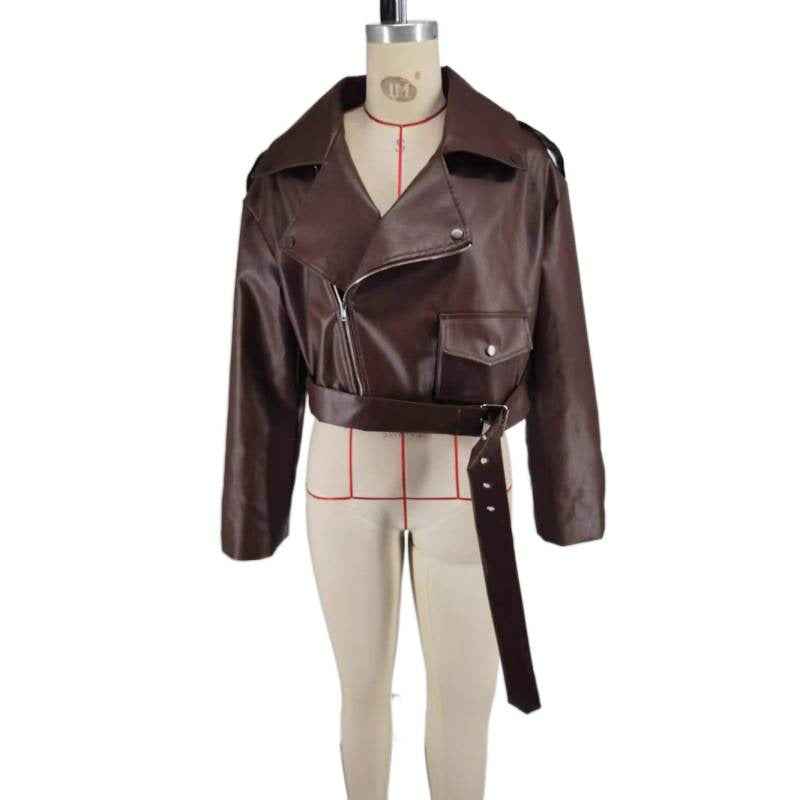 Lace-Up Turn-Down Collar Leather Jacket — Dark Brown