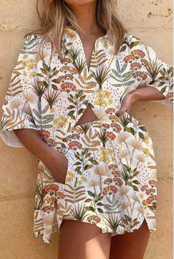 Women's Fashion Printed Casual Vacation Style Cardigan Shorts Suit