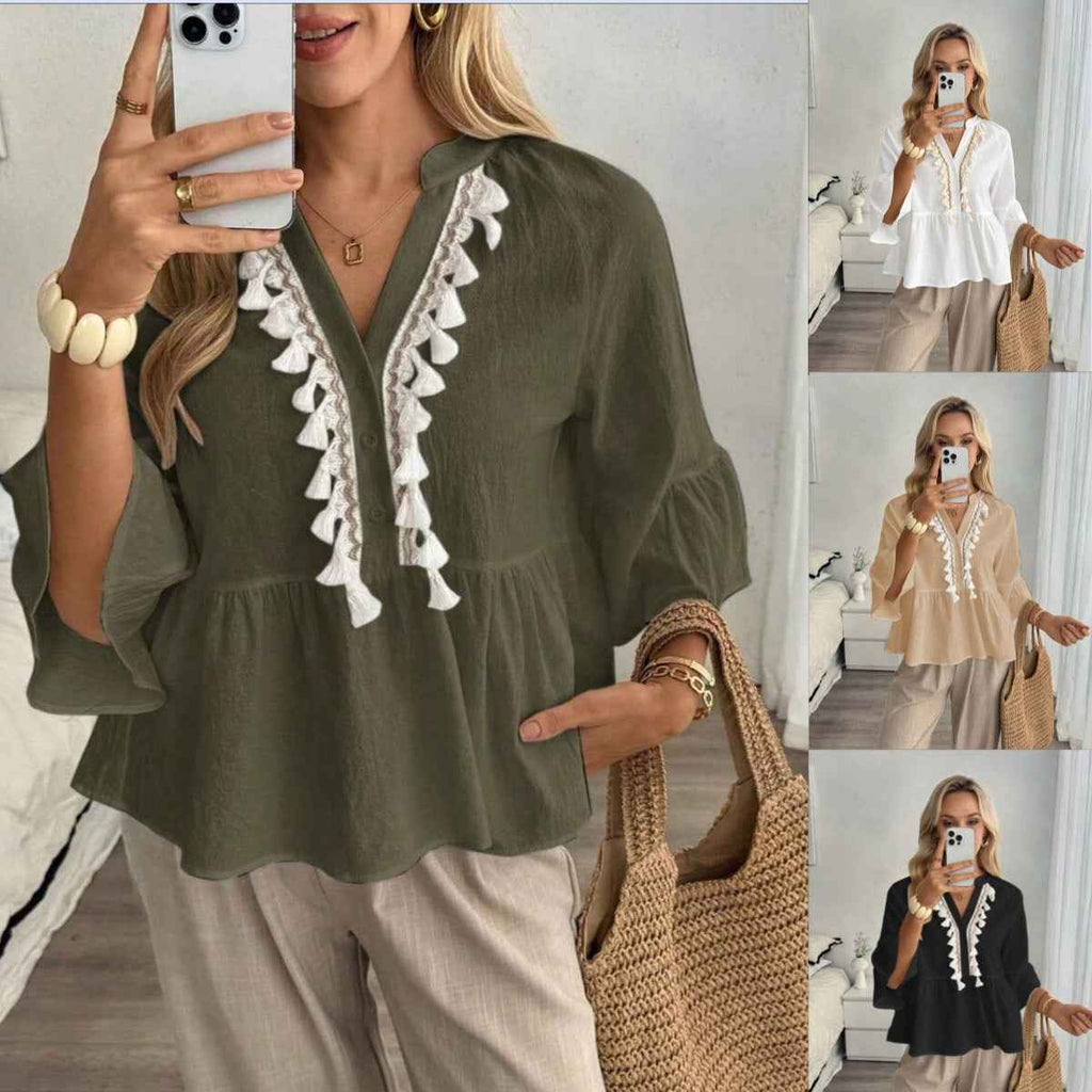 V-Neck Blouse with Button Detail & Tassel Tie – Relaxed Fit
