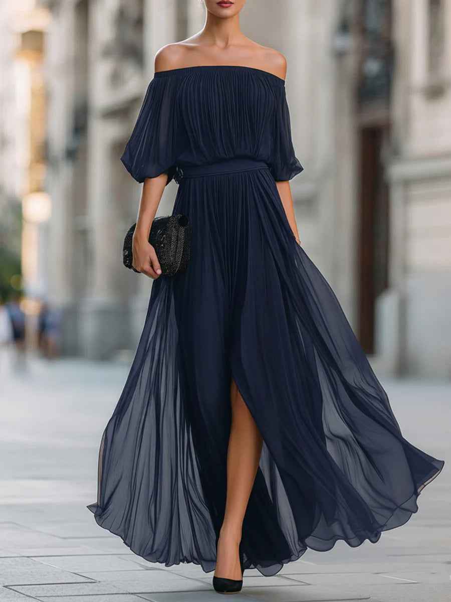 Off-Shoulder Pleated Chiffon Midi Dress — Short Sleeve Slim-Fit