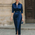 Satin Notched-Collar Belted Midi Dress
