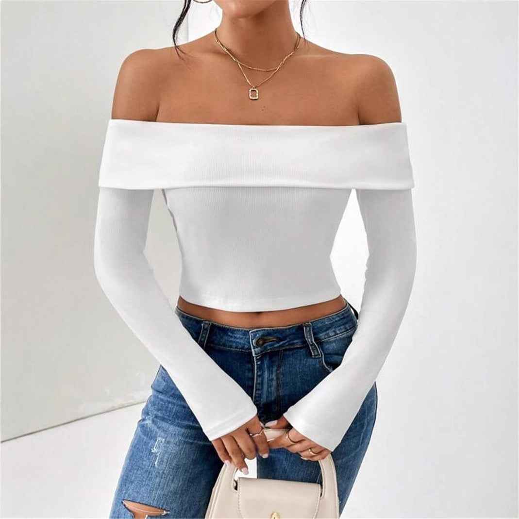 Off-shoulder Slim-fit Versatile Short-sleeved T-shirt With A Boat Neckline