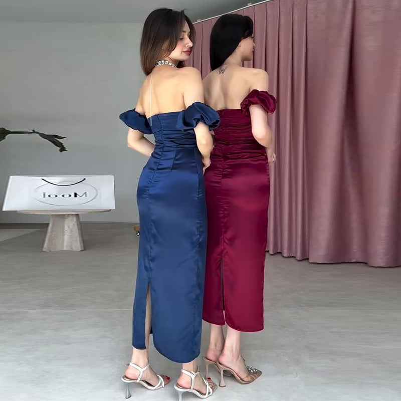 Off-shoulder Set-in Sleeve Pleated Elegant Gown For Sophisticated Ladies
