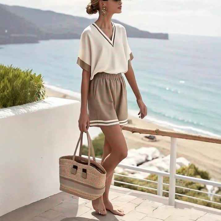 V-neck Short-sleeve Top With Straight-leg Shorts