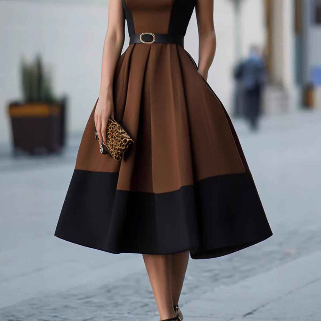 Retro-style Patchwork Wide-strap Waist-cinching Figure-flattering Refined Workwear Dress