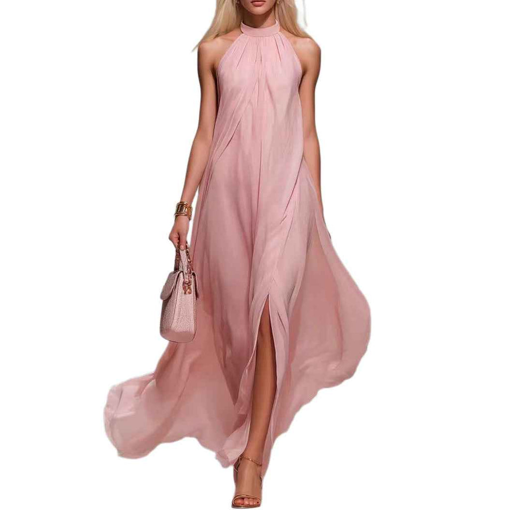 Halter Neck Backless Maxi Dress with Slit & Ribbon Tie