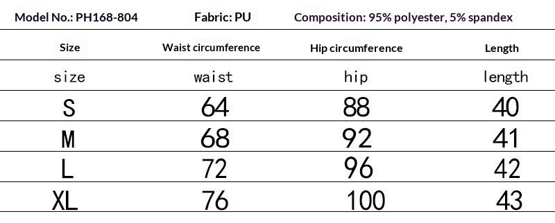 PU mini skirt size chart for S–XL with waist, hip and length measurements in centimetres