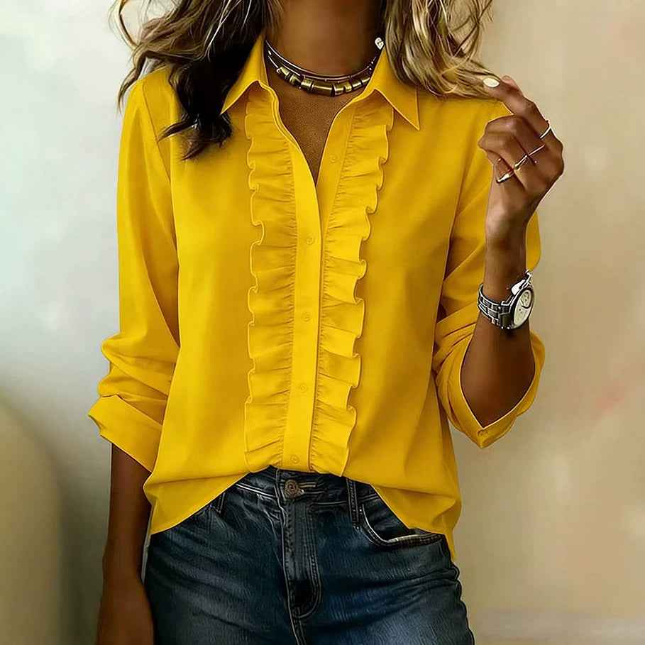 Women's Relaxed-Fit Long-Sleeve Ruffled Placket Blouse — 5 Colours
