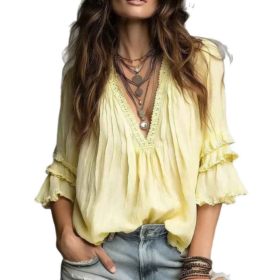 Women's Pleated V-Neck Batwing Sleeve Loose Blouse — 3 Colours
