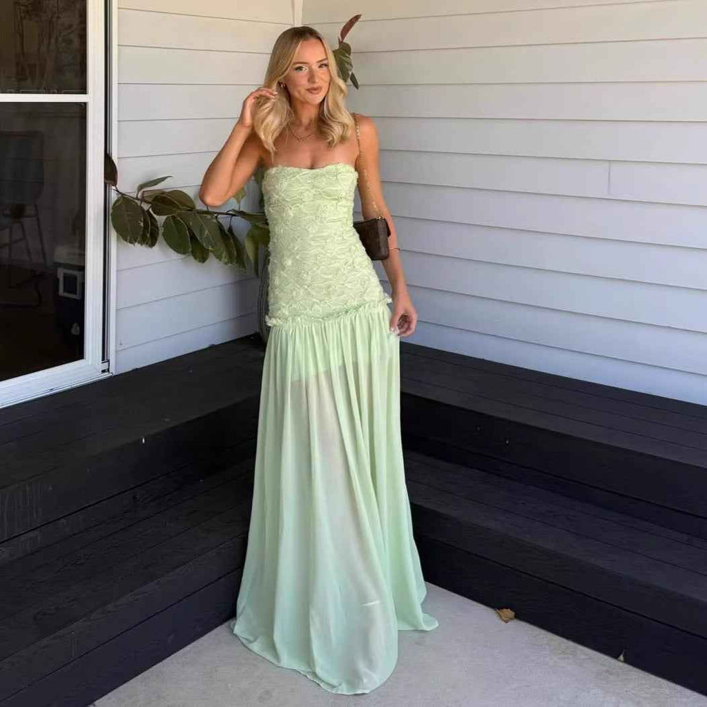 Women's 3D Floral Chiffon Maxi Dress — Slim Fit & Patchwork Detail