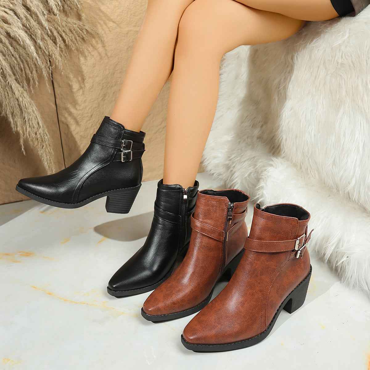 Chunky Heel Ankle Boots — Belt Buckle, Pointed Toe