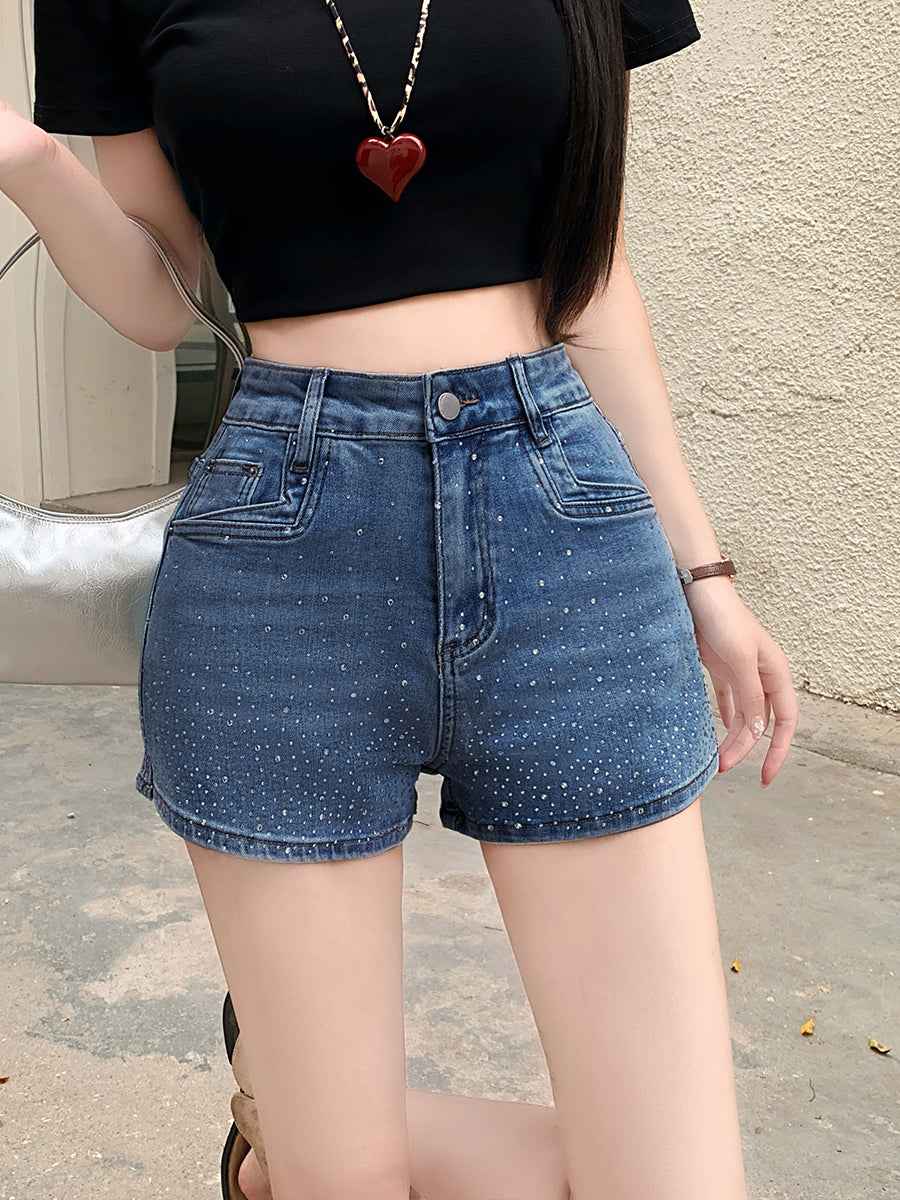 High-Waisted Rhinestone Denim Shorts – Vintage Wash Stretch Denim