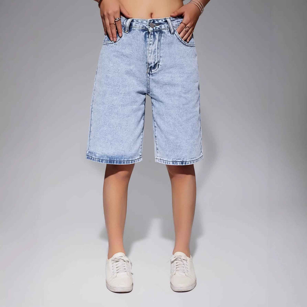 Women's Washed Denim Cropped Shorts – High Waist, Loose Straight Leg
