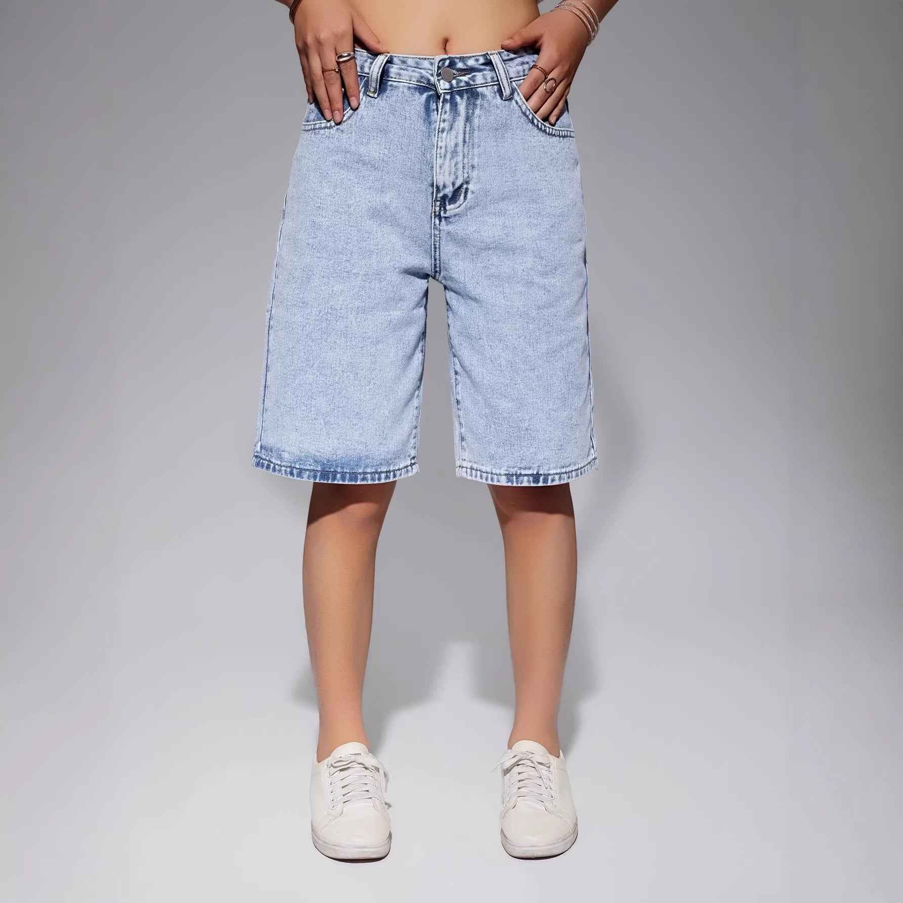 Women's Washed Denim Cropped Shorts – High Waist, Loose Straight Leg