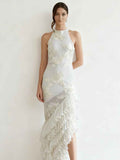 Sleeveless Off-Shoulder Embroidery Ruffle Dress